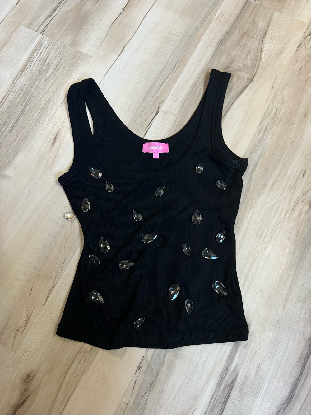 Edikted Black Tank Top with Teardrop Gem Accents